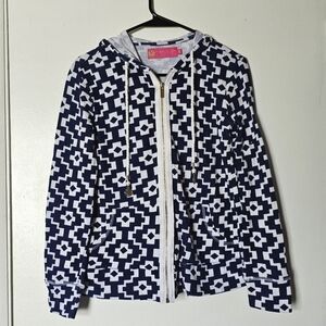 Macbeth Collection by Margaret Josephs blue and white print gold toned sweater